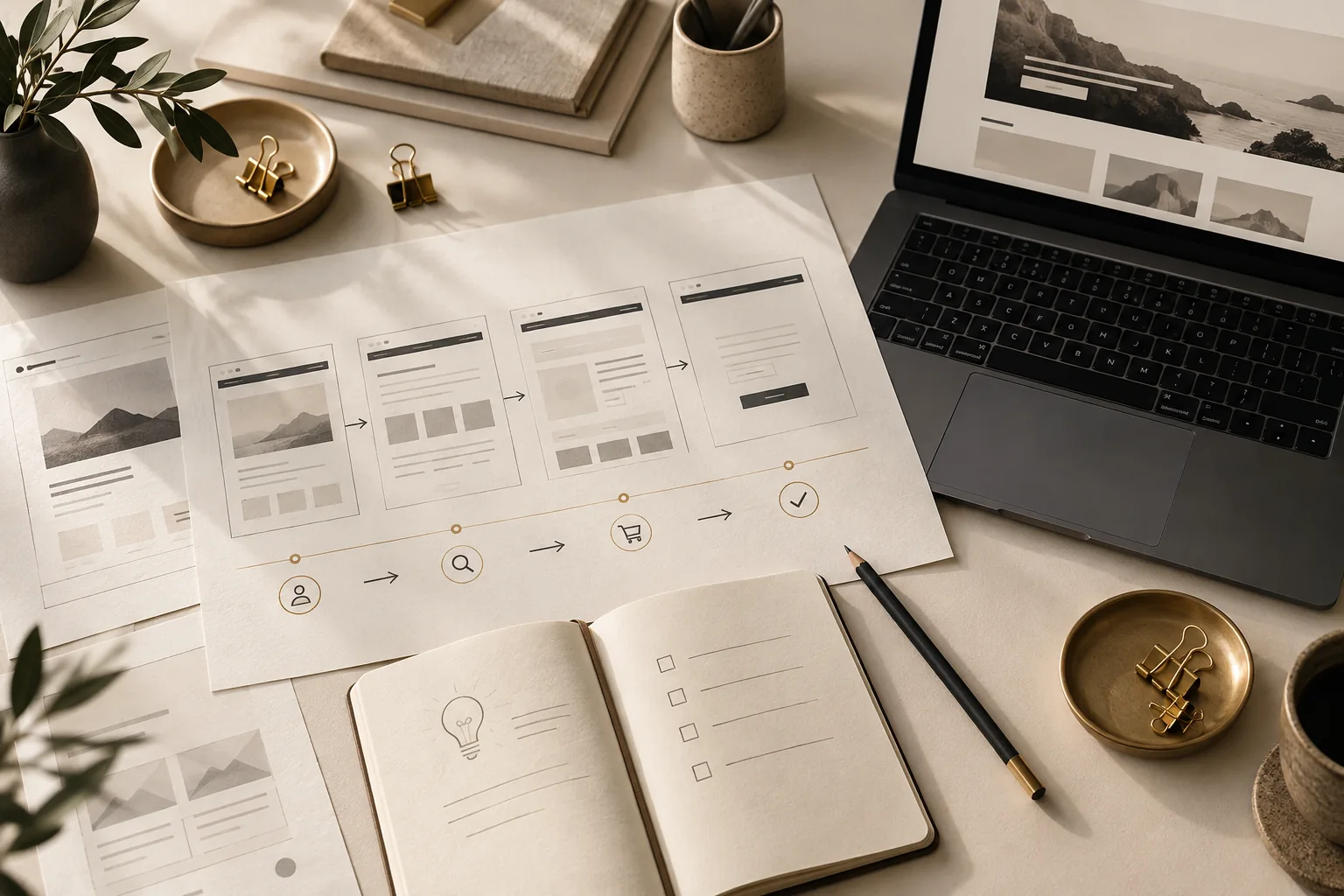 Illustration de la préparation d’un projet web : parcours sur papier, carnet et ordinateur.